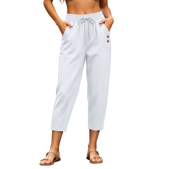 Ltctricy Women's Capri Pants with Pockets Tapered Casual Drawstring Lounge Pants Buttons Travel Beach Pants(White,X-Large)