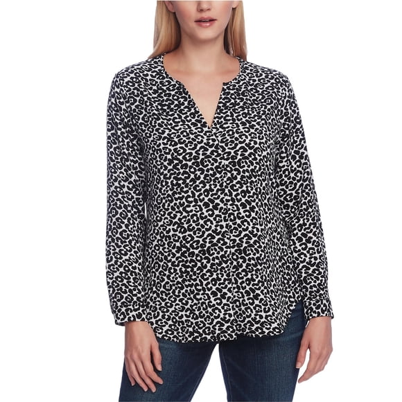 Vince Camuto Womens Snow Leopard Crepe Baby Doll Blouse, Black, XX-Small