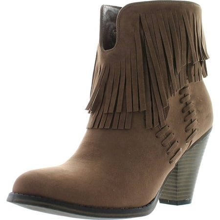 

NATURE BREEZE DALLAS-03 Women s V Slit Strap Double Fringe Stacked Heel Booties Taupe 11