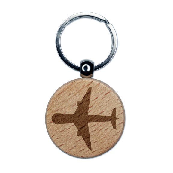 Airplane Solid Vacation Round Keychain Charm Tag - Engraved Wood