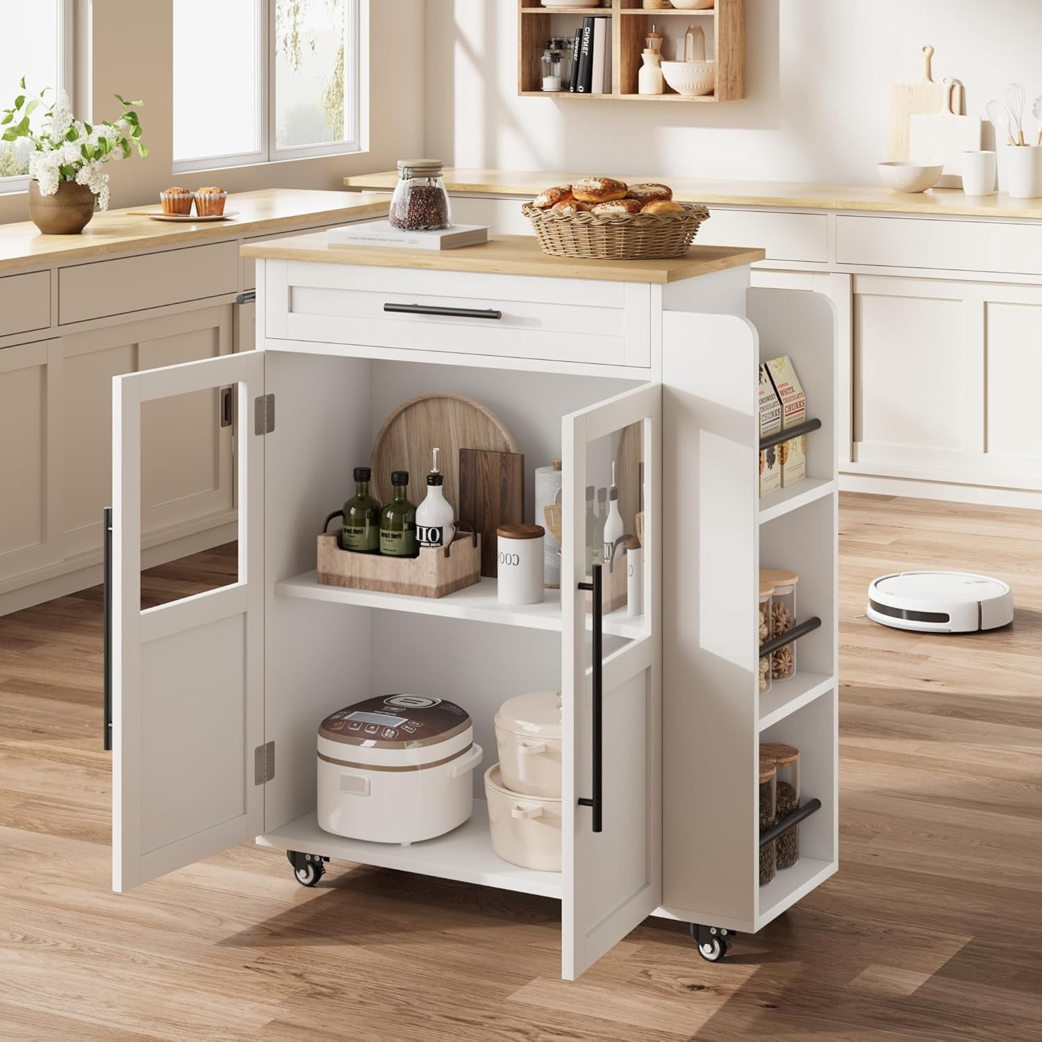 Multi-Functional Kitchen Island Cart with 2 Glass-Door Cabinets, Drawer, Spice Rack, and Towel Bar on Wheels