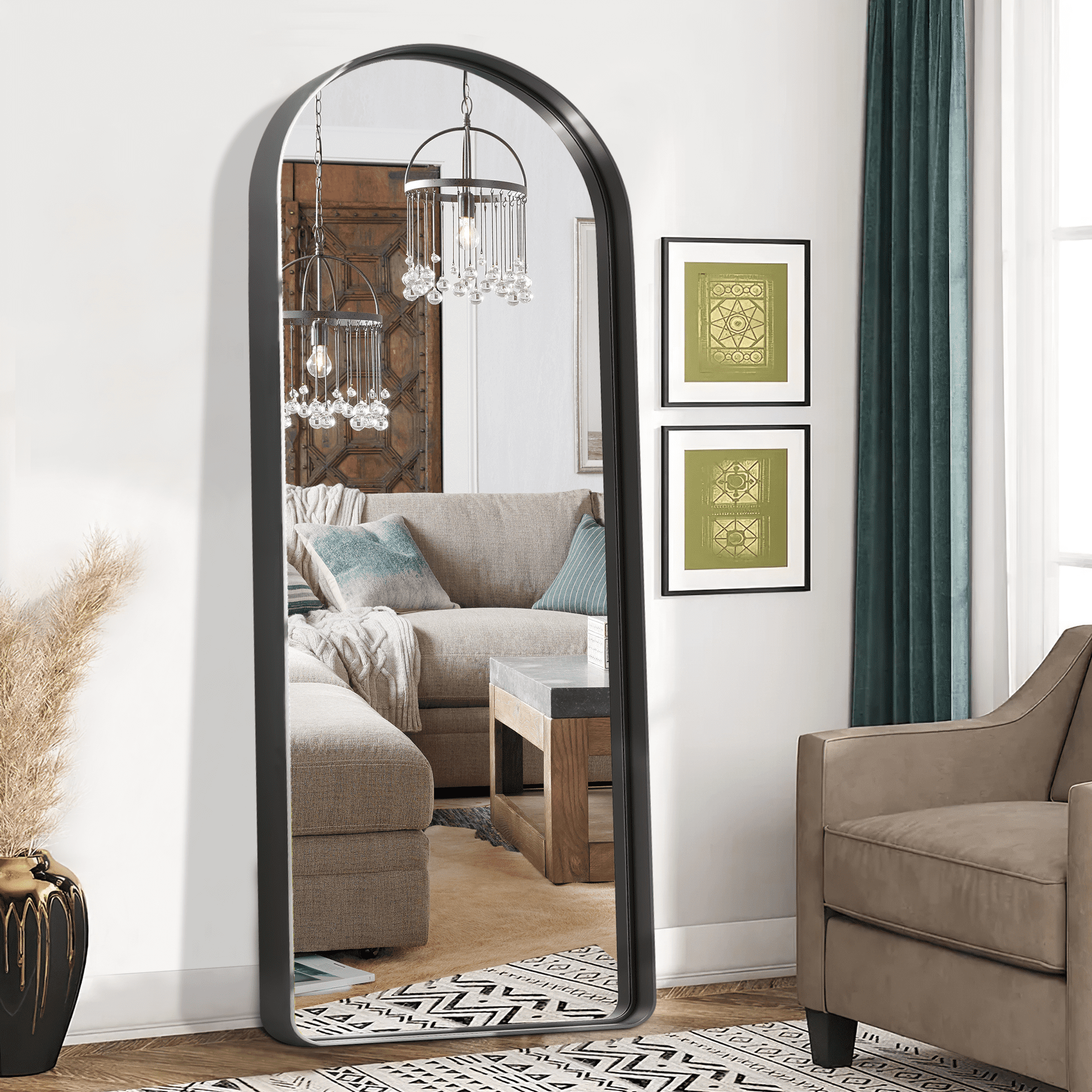 71"x32" Modern Arch Aluminum Frame Wall Mount Full Floor Mirror Without Bracket,Black