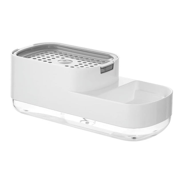 Dispensador de jabón de cocina con soporte para esponja, dispensador de detergente para platos para fregadero de cocina, jabón y esponja, color blanco