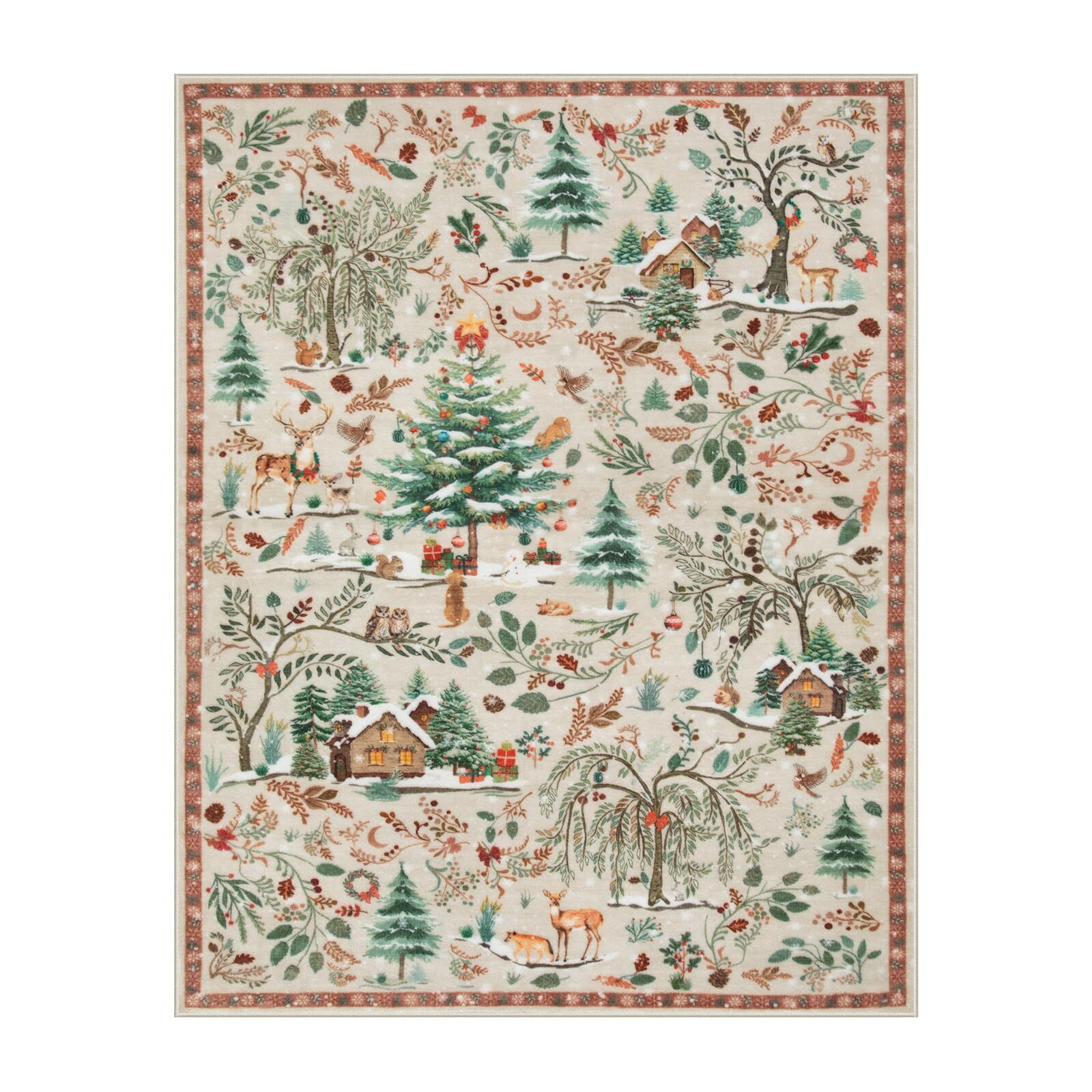 Wonnitar 8x10 Christmas Area Rug, Washable Soft Large Rug for Living Room, Non Slip Low Pile Bedroom Rug Xmas Tree Indoor Floor Carpet for Dining Room Winter Holiday Decor, Beige