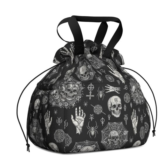 Skull and Hand Gothic Pattern Drawstring Insulated Lunch Bag for Women, Stain-Resistant Large Lunch Tote with Multi-Pockets for Work Office