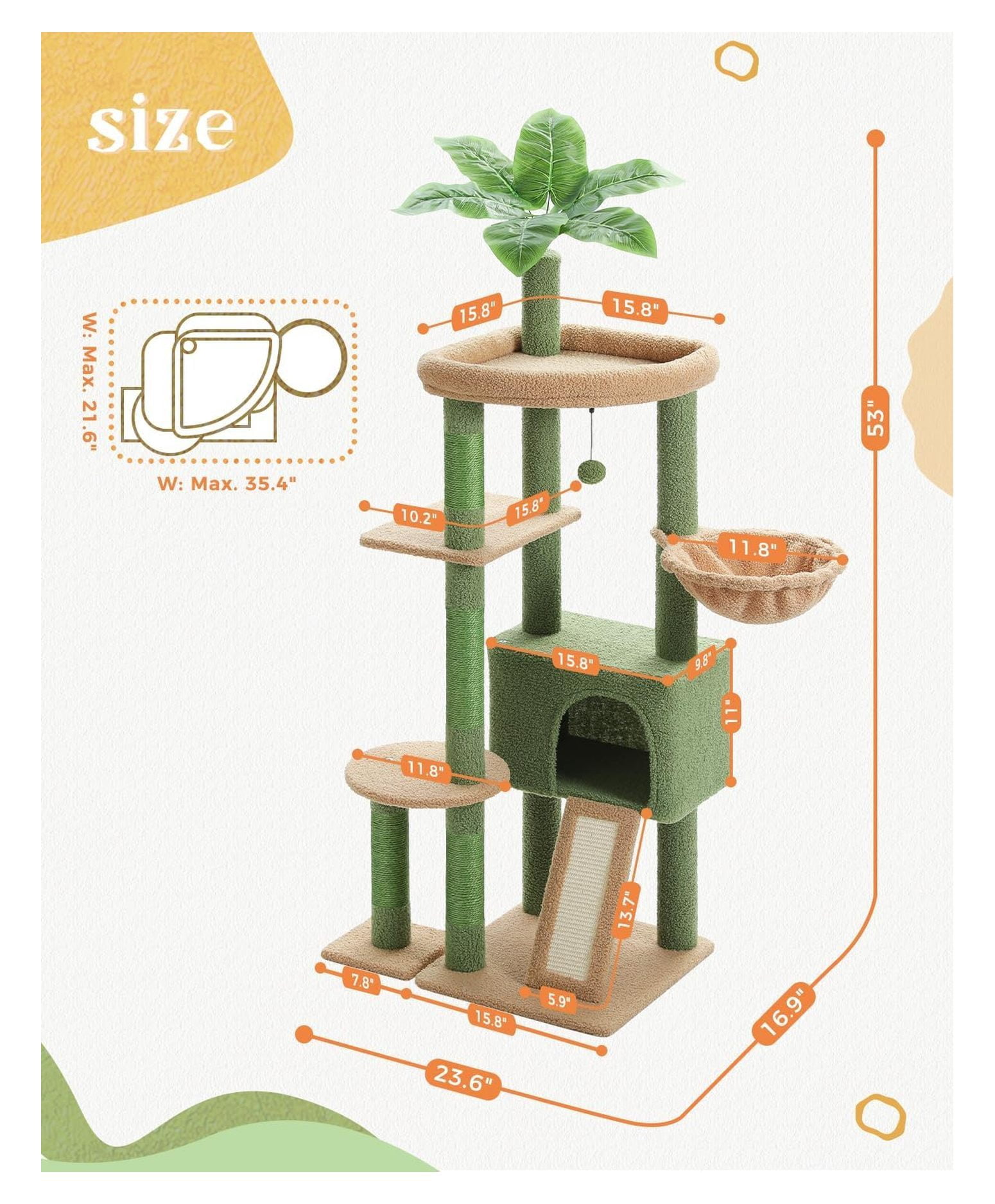 53" Cat Tree Indoor Large Condo, Sisal Scratching Posts, Cactus Design, Multi-Level Cat Tower for Multiple Cats up to 20lbs, Sturdy & Stable
