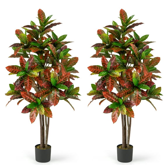 Gymax 2PCS 5 FT Artificial Croton Plant w/ Multi-colored PEVA Leaves Solid Wood Trunk