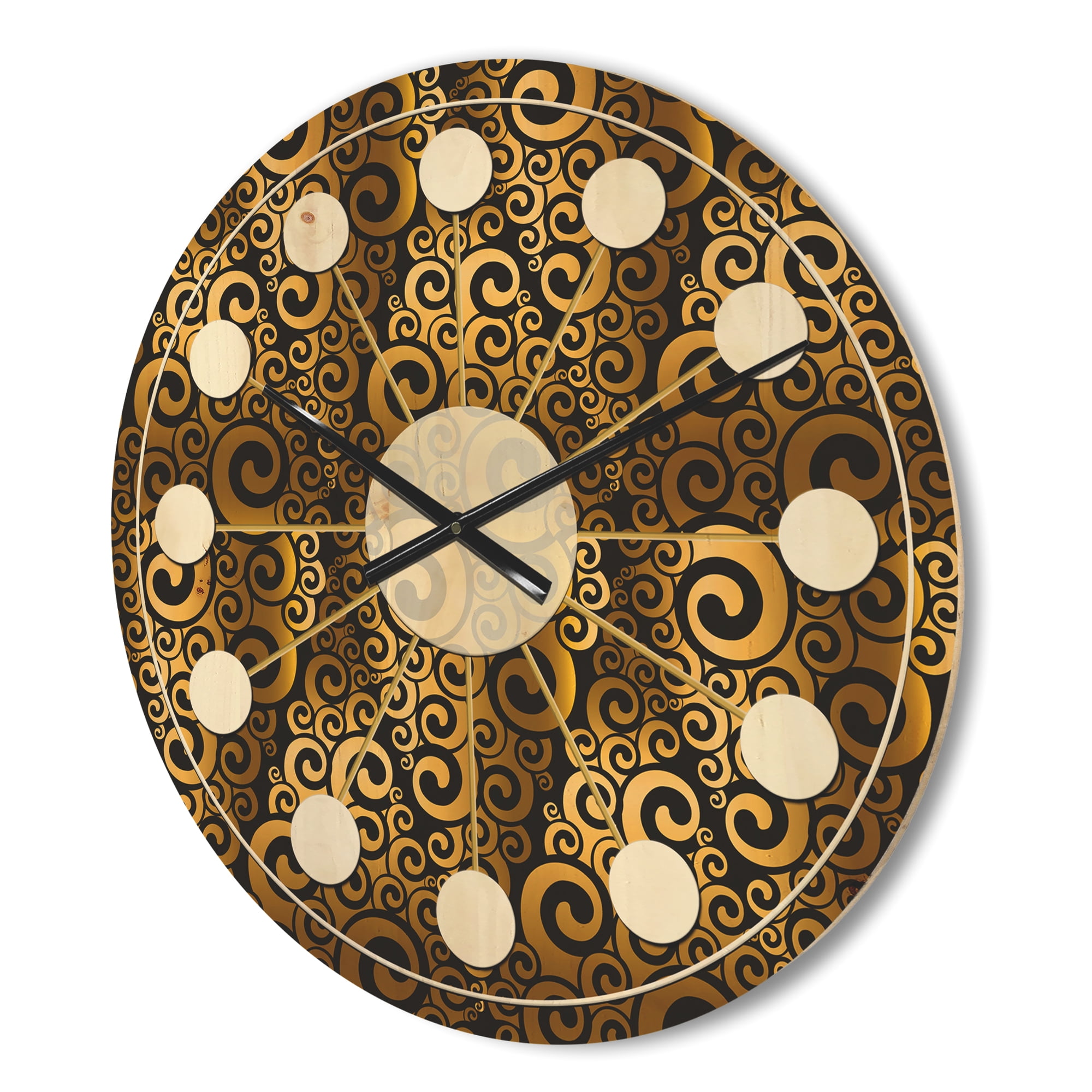 Designart 'Black and Gold Swirl I' Mid-Century Modern Wood Wall Clock