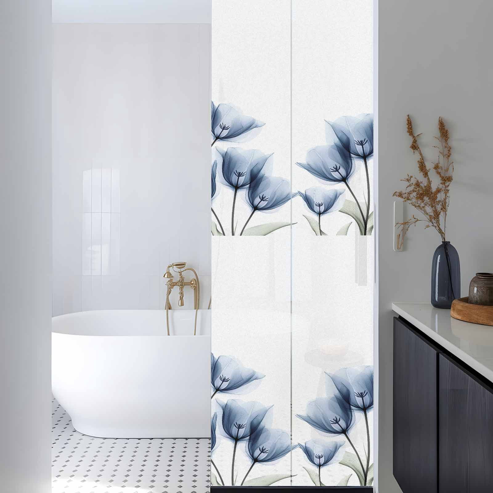 Sun Blocking Glass Window Film, Blue Tulips Floral Window Privacy Film Frosted, Spring Farmhouse Elegant Flowers Reusable Windows Privacy Sticker for Home Decor, Nursery, 23.6 x 78.7 Inches