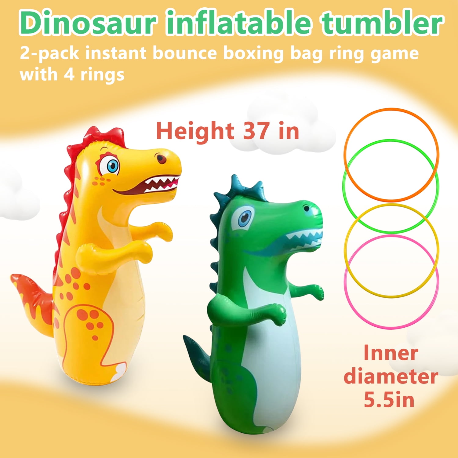 2 Pack Inflatable Punching Bag,4 Rings Ring Toss,Portable Inflatable Dinosaur Sandbag,Boxing Bag for Entertainment Boxing Training Game,38 in Tall,‎Green and Yellow