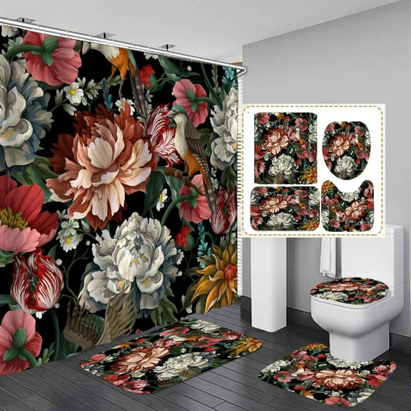4PCS Vintage Boho Floral Shower Curtain Sets with Rugs, Waterproof Fabric Shower Curtain Colorful Bohemian Flower Mandala Tropical Leaves Green Plant Abstract Mid Century Modern Bathroom Decor
