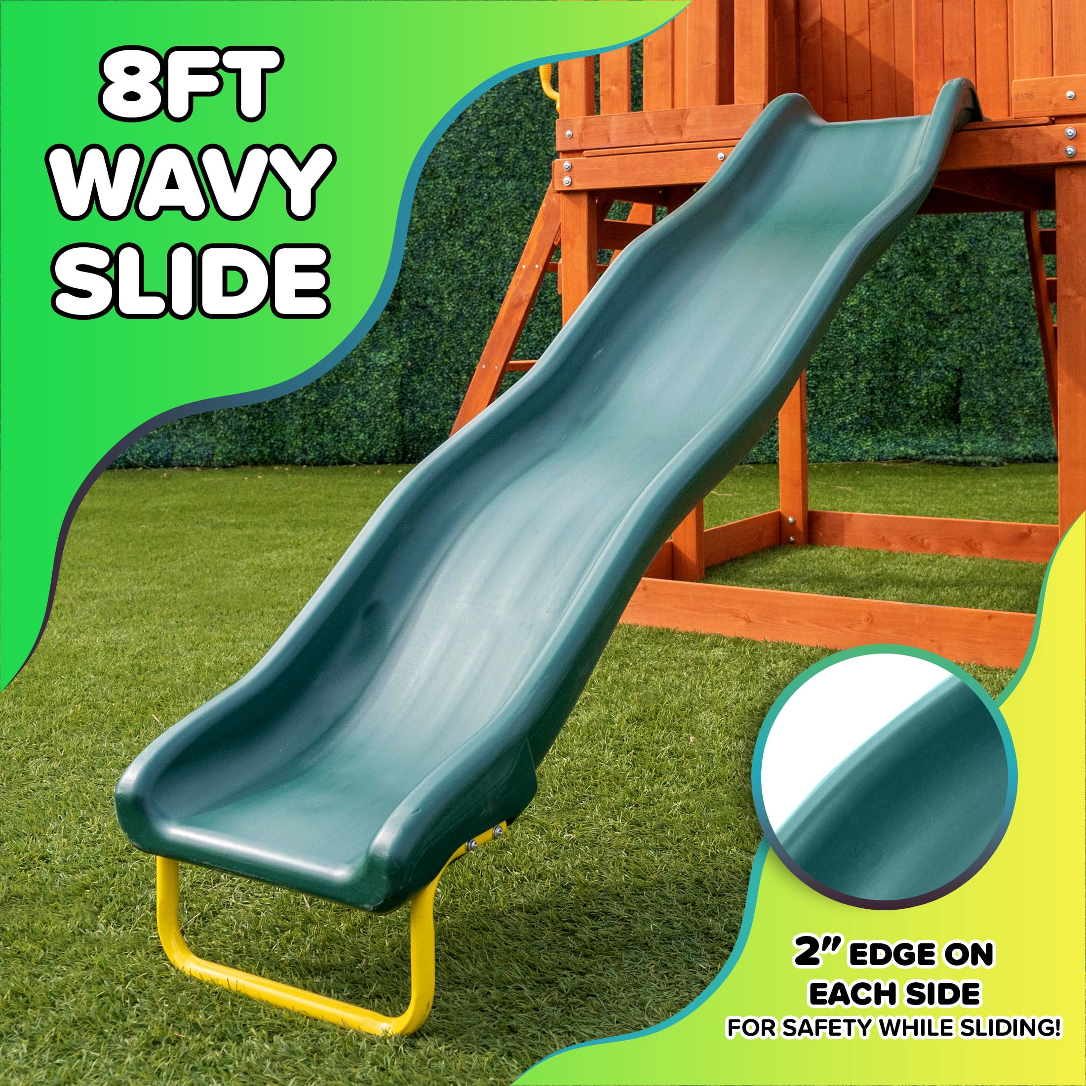 Sportspower Blue Ridge Wooden Swing Set with Roofed Clubhouse & Balcony, 2 Belt Swings, 2-Person Roman Glider, 8ft Slide, Sandbox, Rock Climber, FREE Anchors Included