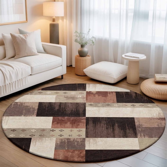 Brown Block Round Area Rugs 3 ft, Floral Terracotta Cream Grid Mid Century Industrial Washable Small Area Rug with Non-Slip Sturdy Edge Binding Round Front Door Mat Floor Carpet for Entryway