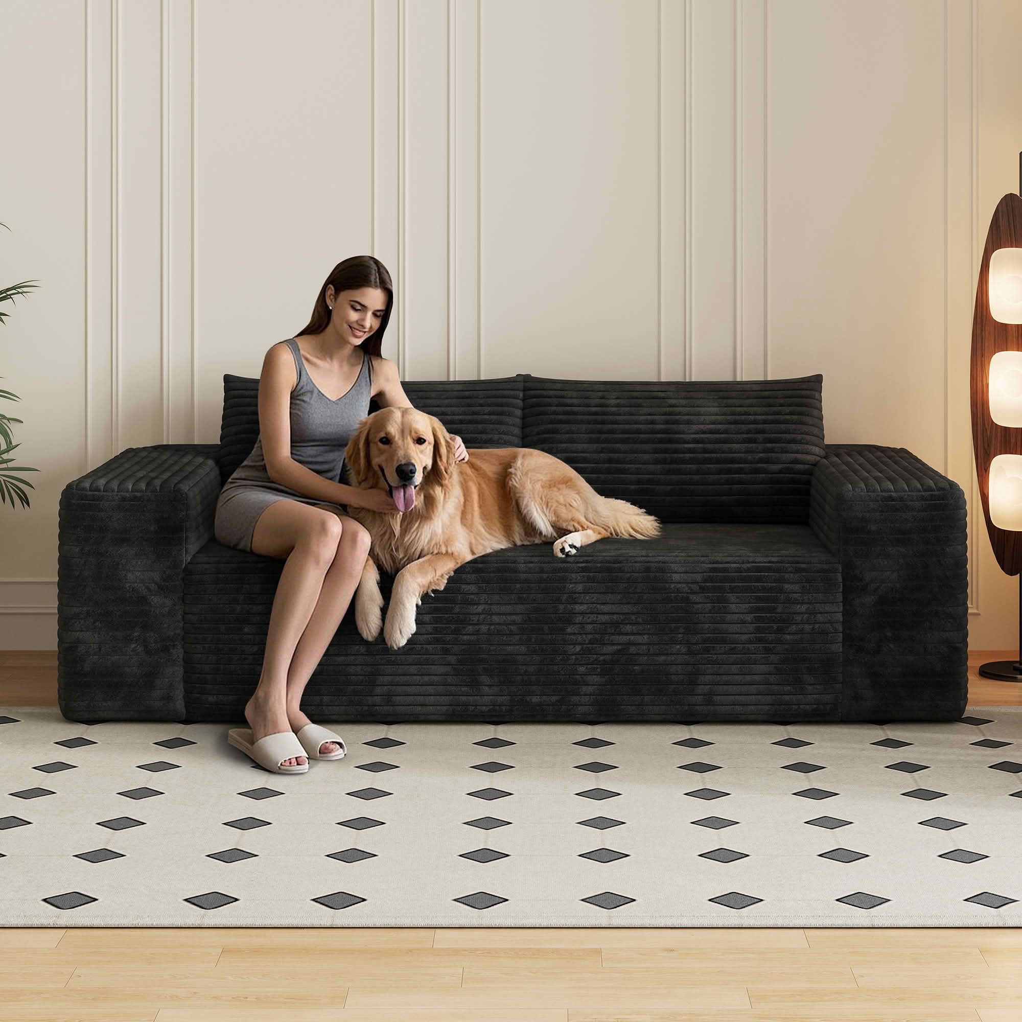 MAYEERTY 78.8" Black Corduroy Deep Seat Sofa, Comfy Ergonomic Loveseat with Supportive Cushions, No Assembly – Perfect for Family Gatherings at Home