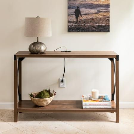 DecorTech Industrial Rectangular Wood Console Table with AC Power and USB Charging Ports Walnut
