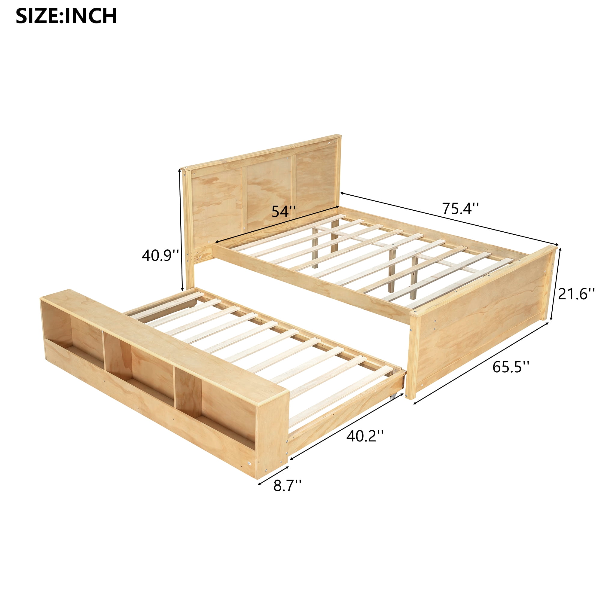 Alvantor Full Bed Frames with Pull Out Trundle, Headboard and Storage Shelves, Natural