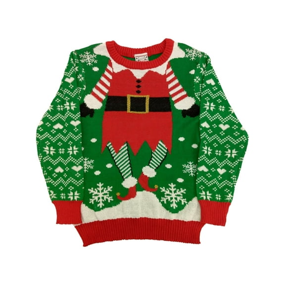 Girls Green Elf Dancing in the Snow Ugly Christmas Holiday Knit Sweater Small