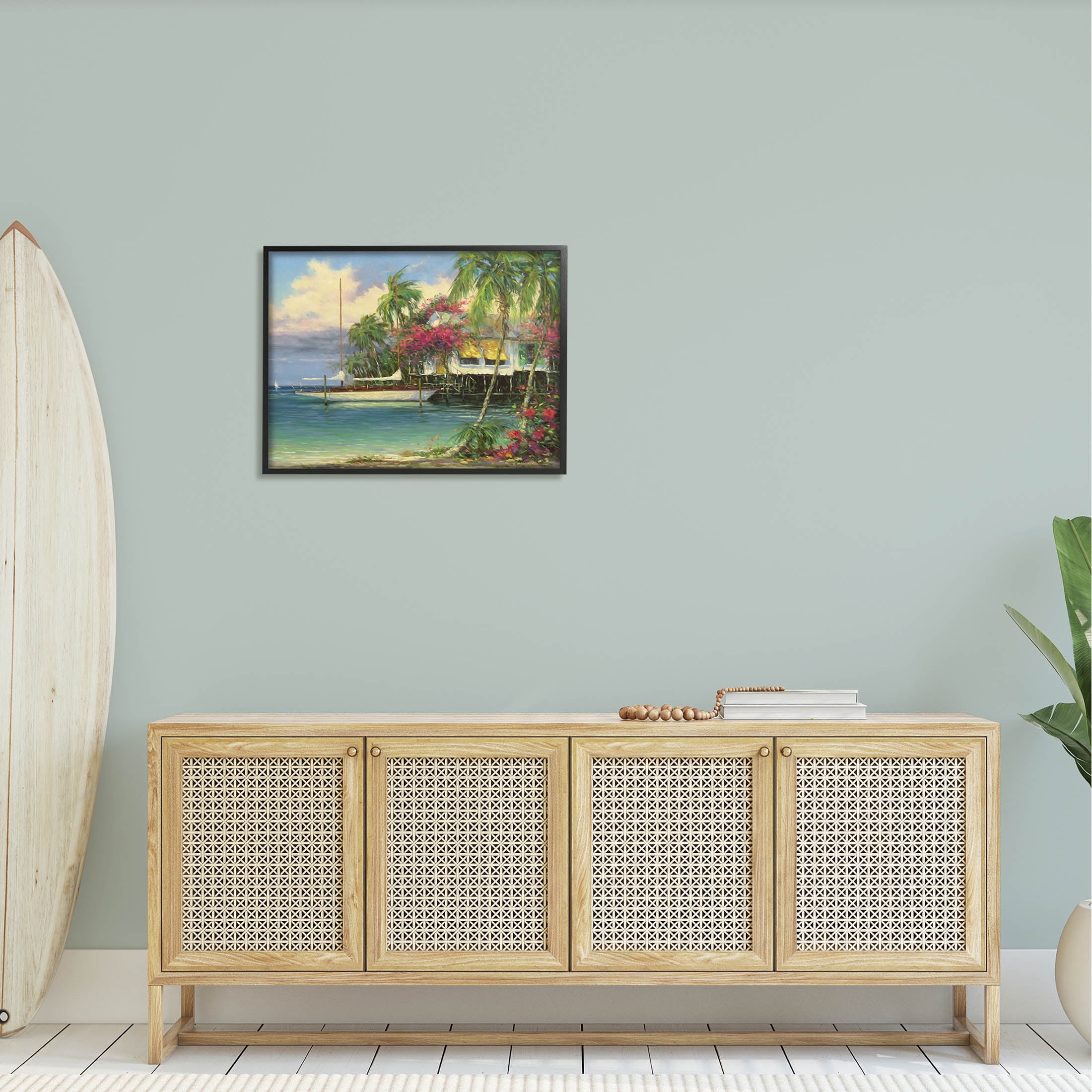 Vacation Waterfront Tropical Pier Coastal Painting Black Framed Art Print Wall Art