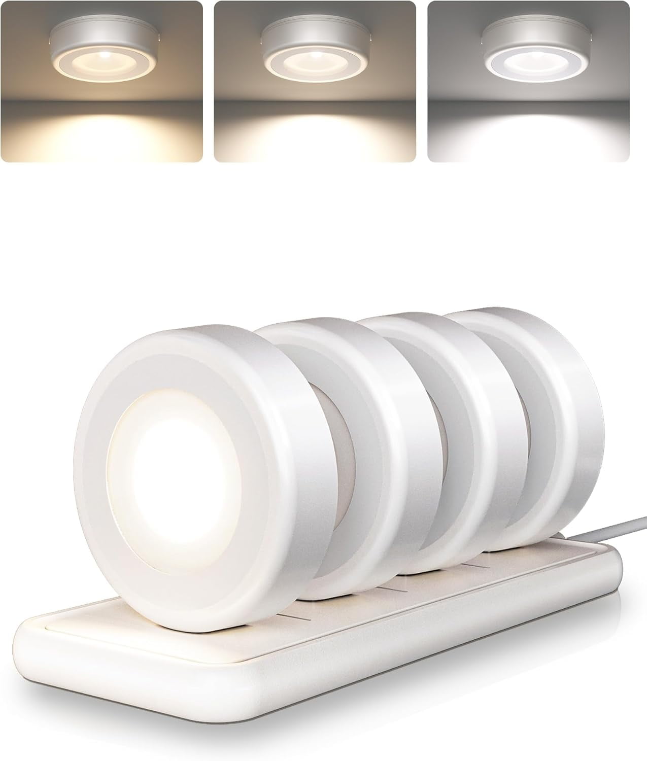 RGHJAR-LED Puck Lights with Charging Station, Rechargeable Sitck On Tap Lights, Wireless Closet Light, 3 Color Temps, Under Cabinet Lights, 2.5'' Mini Touch Light for Kitchen,Pantry,Shelves(4 Pack)