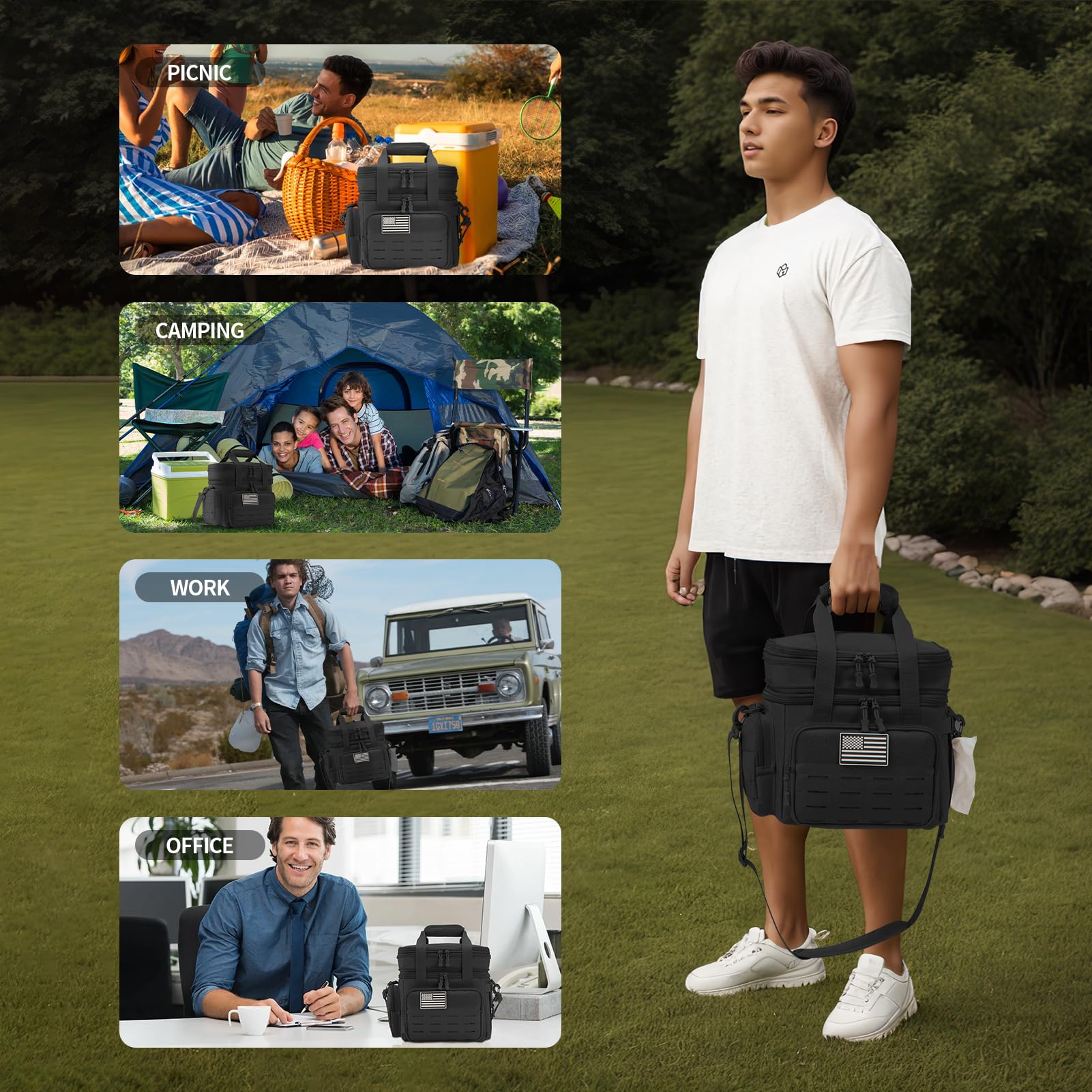 Haadid Tactical Lunch Box for Men Expandable 18L Heavy Duty Military Insulated Cooler Bag, Leakproof Thermal Lunch Bag for Work Camping Outdoor Picnic Pail Adult Meal MOLLE Webbing Black