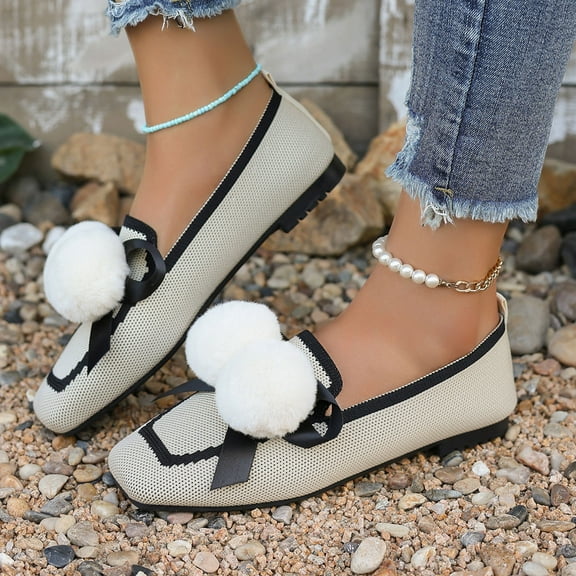 Wowcloth Women's Fashion Casual Sneakers – Breathable Mesh with Pom Pom Detail Square Toe Slip-On Flat Low-Cut Shoes for Spring Comfort
