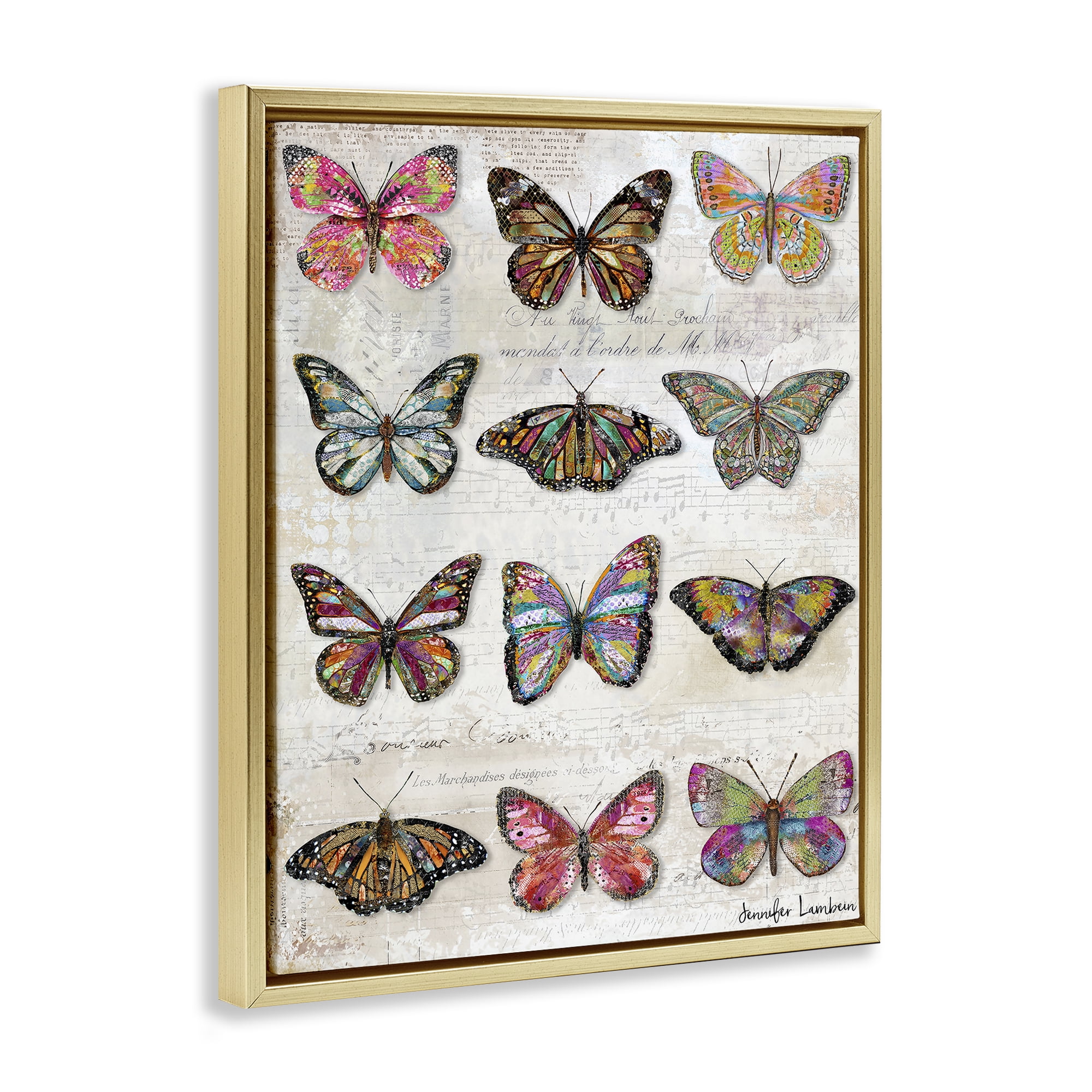 Stupell Industries Butterfly Love Vintage Studies Animals Painting Gold Floater Framed Canvas Art Print Wall Art, 17 x 21