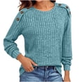thumbnail image 6 of Yeaiivve Women Crew Neck Long Sleeve Sweaters Loose Fit Button Shoulder Pullover Sweater Soft Ribbed Knit Shirt Fall Solid Casual Undershirts M Sky Blue, 6 of 8