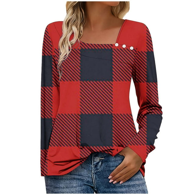 HAiming Plus Size Womens Pullover Tops Plaid Square Neck Button Casual Long Sleeve Blouse Spring Fall Clothes