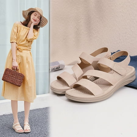 

Sunvit Womens Flat Sandals- Roman Open Toe Beach Sandals Casual Summer Slide Sandals #369 Beige
