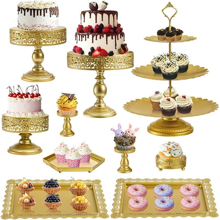 

10 Pieces Gold Metal Cake Stand Set Cupcake Holder Pastry Candy Fruits Serving Plate Gold Dessert Table Stands and Trays Set for Wedding Birthday Baby Shower Bridal Party