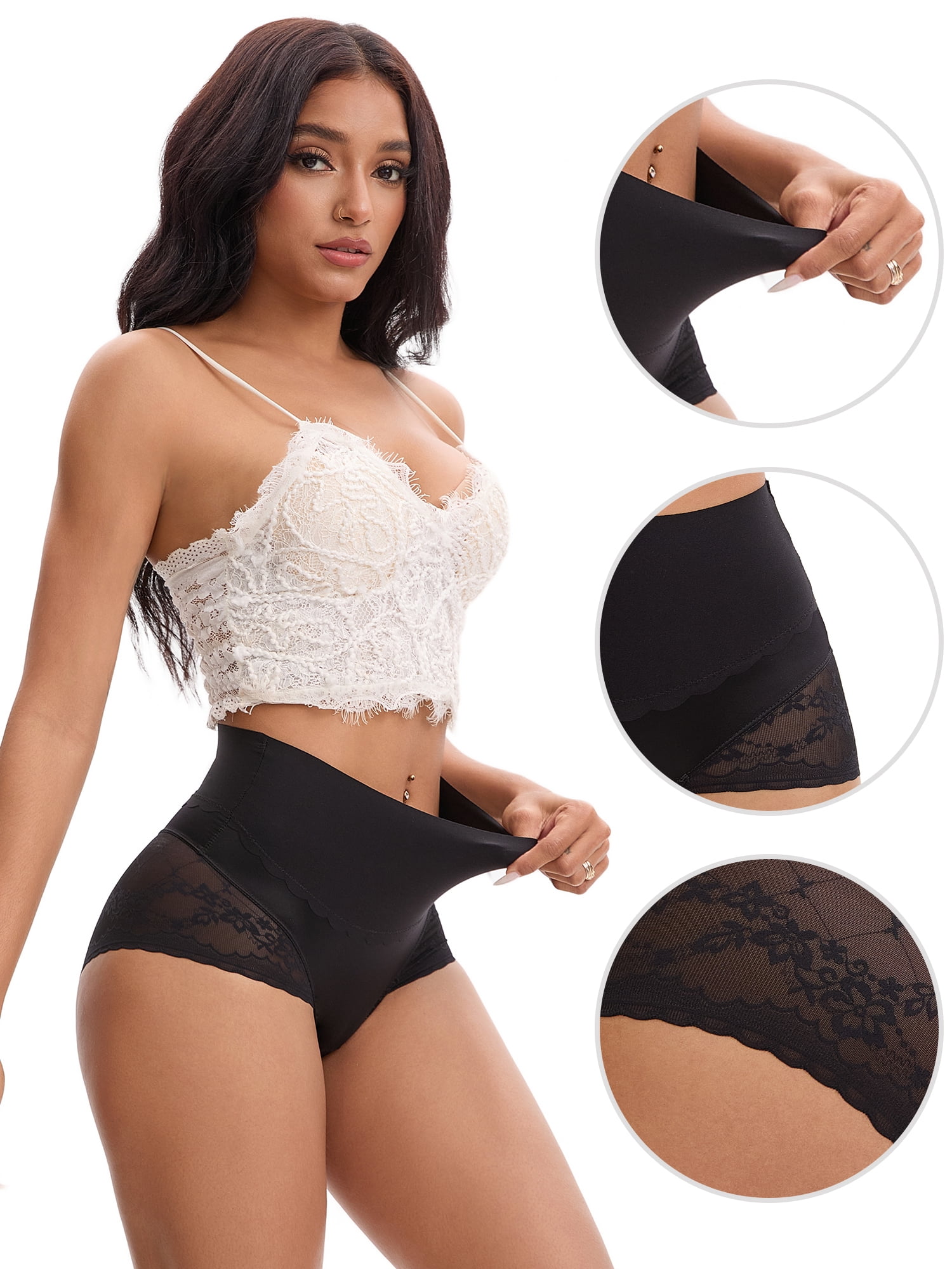Unique Bargains High Waisted Lace Trimmed Underwear M Black