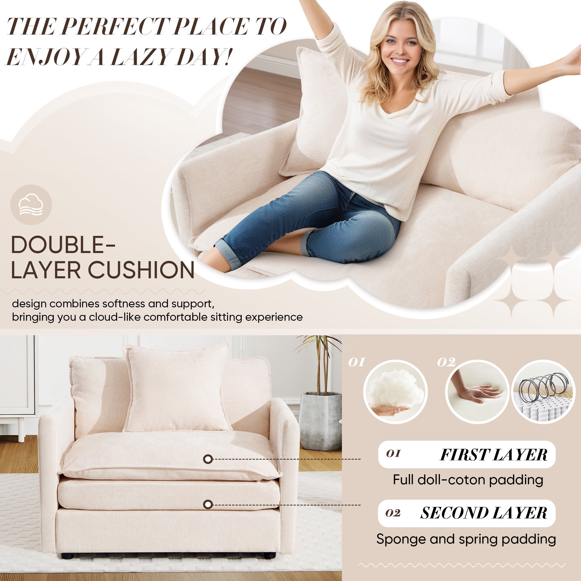 Lunale Oversized Accent Chair with Ottoman, Comfy Reading Armchairs for Living Room, Bedroom, Beige Chenille