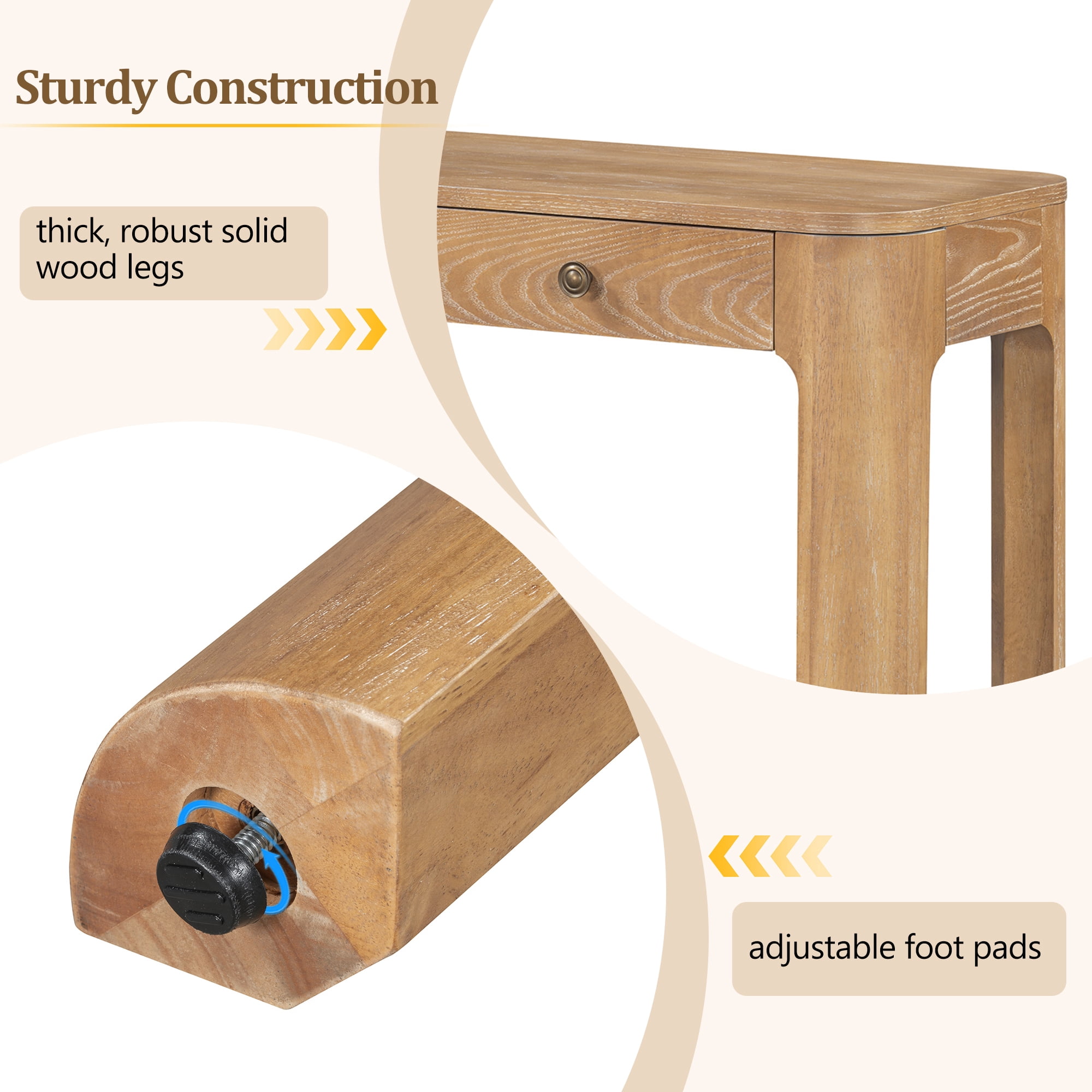 Aukfa 52" Console Table with Curved Corners, 3 Drawers & Thick Legs, Entryway Table for Living Room & Hallway, Natural