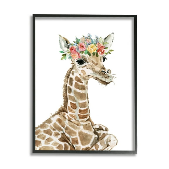 Stupell Industries Baby Giraffe Boho Fashion Spring Floral Crown Novelty Painting Black Framed Art Print Wall Art, 24 x 30, Design by Carol Robinson