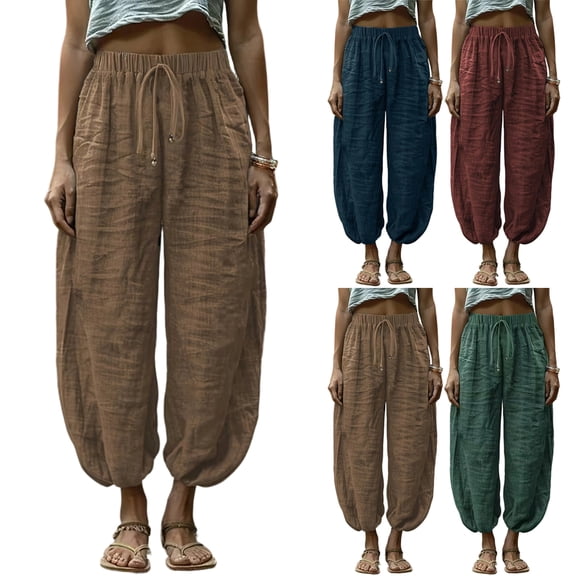 Nestiefly Linen Capri Pants for Women Drawstring Baggy Summer Beach Capris Pants for Women Breathable Relaxed-Fit Trousers with Pockets Green S