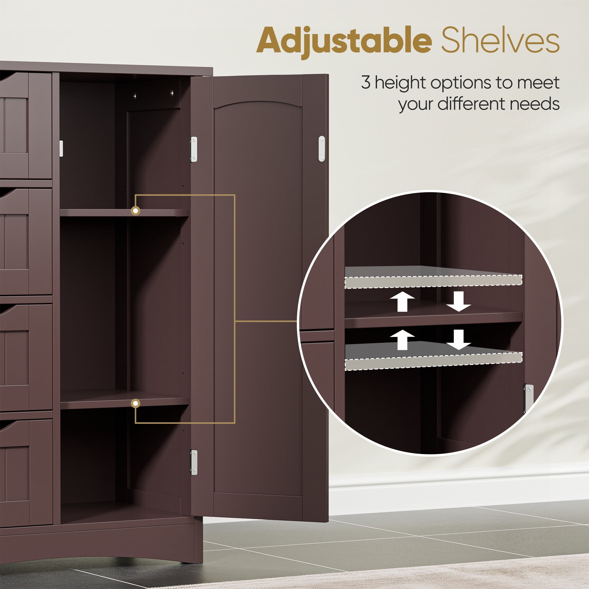 ZENSTYLE Bathroom Floor Cabinet Kitchen Organization 4 Drawers W/3 Tiers Side Space, Brown