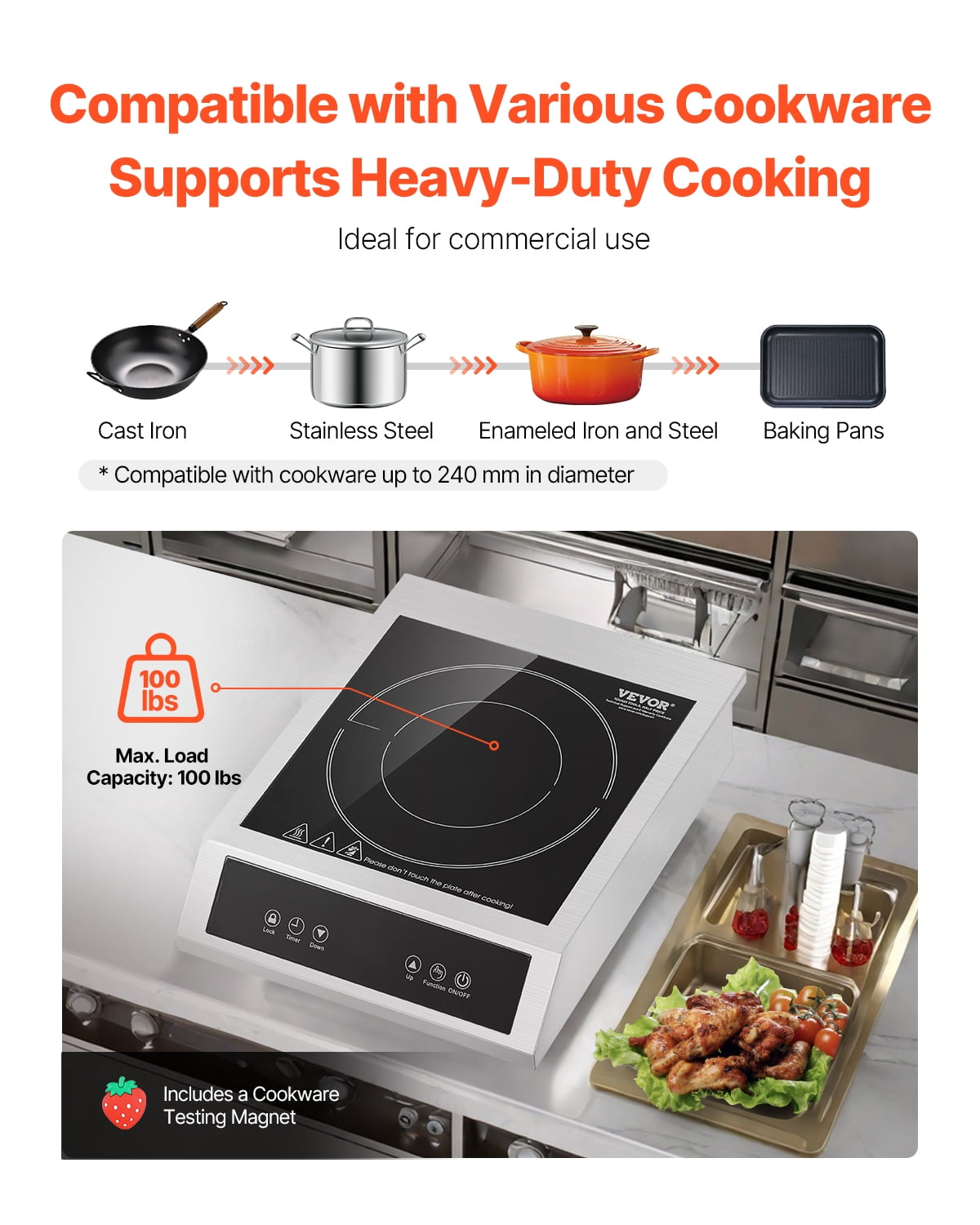 VEVOR Portable Induction Cooktop, 3500W Commercial Induction Burner with 11 Temperature Settings, Stainless Steel Countertop Induction Hot Plate with 3H Timer, Child Lock, for Restaurant Cooking