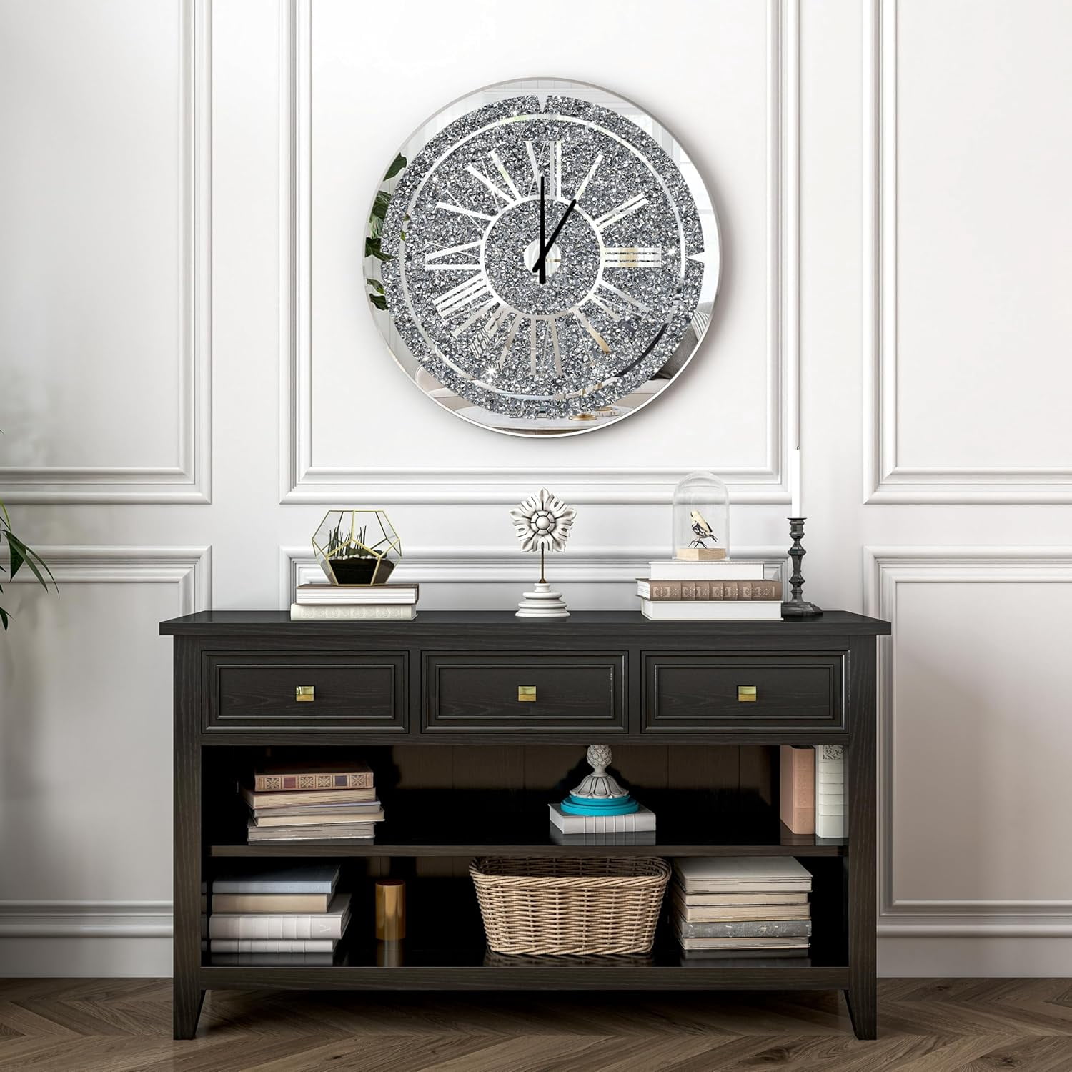 SHYFOY 24" Crushed Diamond Round Wall Clock, Luxury Mirror Glass Silent Non-Ticking Clock with Roman Numerals for Living Room or Office Decor