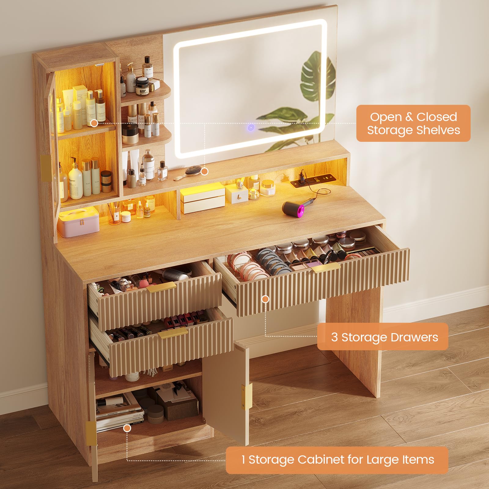 Fluted Makeup Vanity Desk with Touch Screen Mirror and Lights, Wood Vanity Table with Charging Station & LED Lights, with 3 Drawers & Cabinet & Shelves, Oak