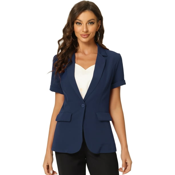 Chaqueta de traje de oficina con 1 botón y manga corta para mujer Azul Oscuro XS