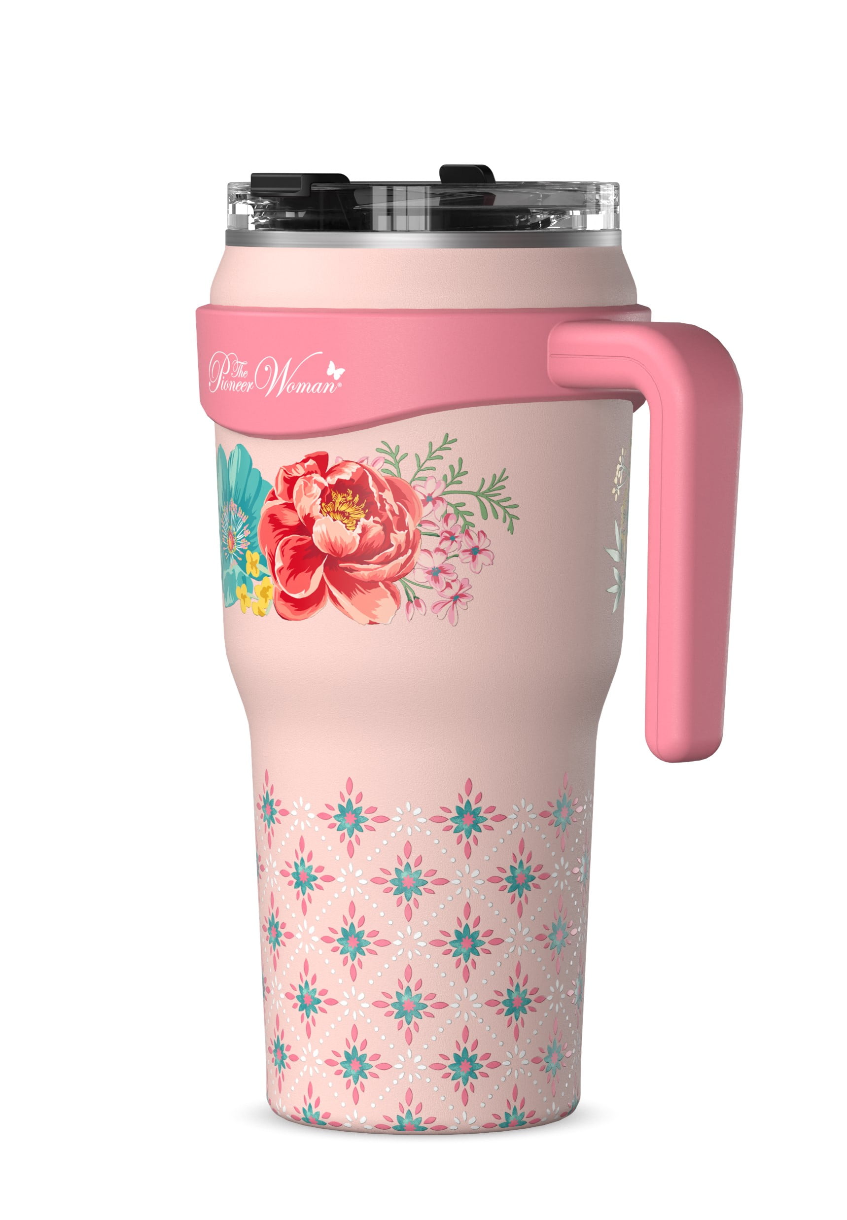 (3 pack) The Pioneer Woman 40 oz Fancy Flourish Stainless Steel Insulated Tumbler, Pink