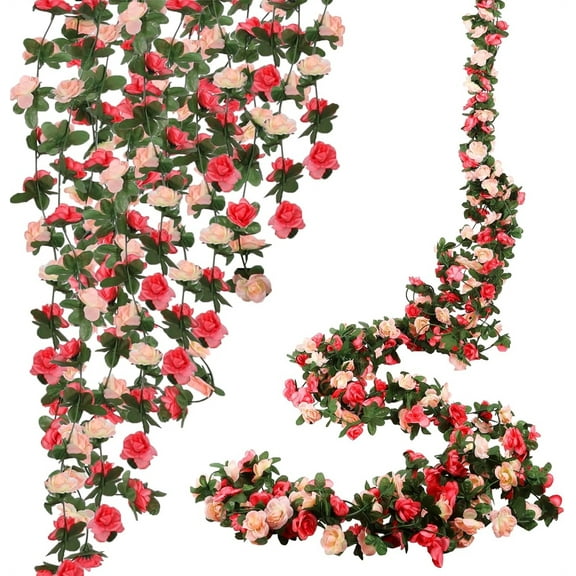 Duslogis 5Pcs 39.4 Ft Artificial Pink Flowers Garland, Fake Hanging Outdoor Flower Vines Pink Rose with Green Leaves, Faux Silk Flower for Backdrop Decoration Tea Party Wedding Arch Birthday