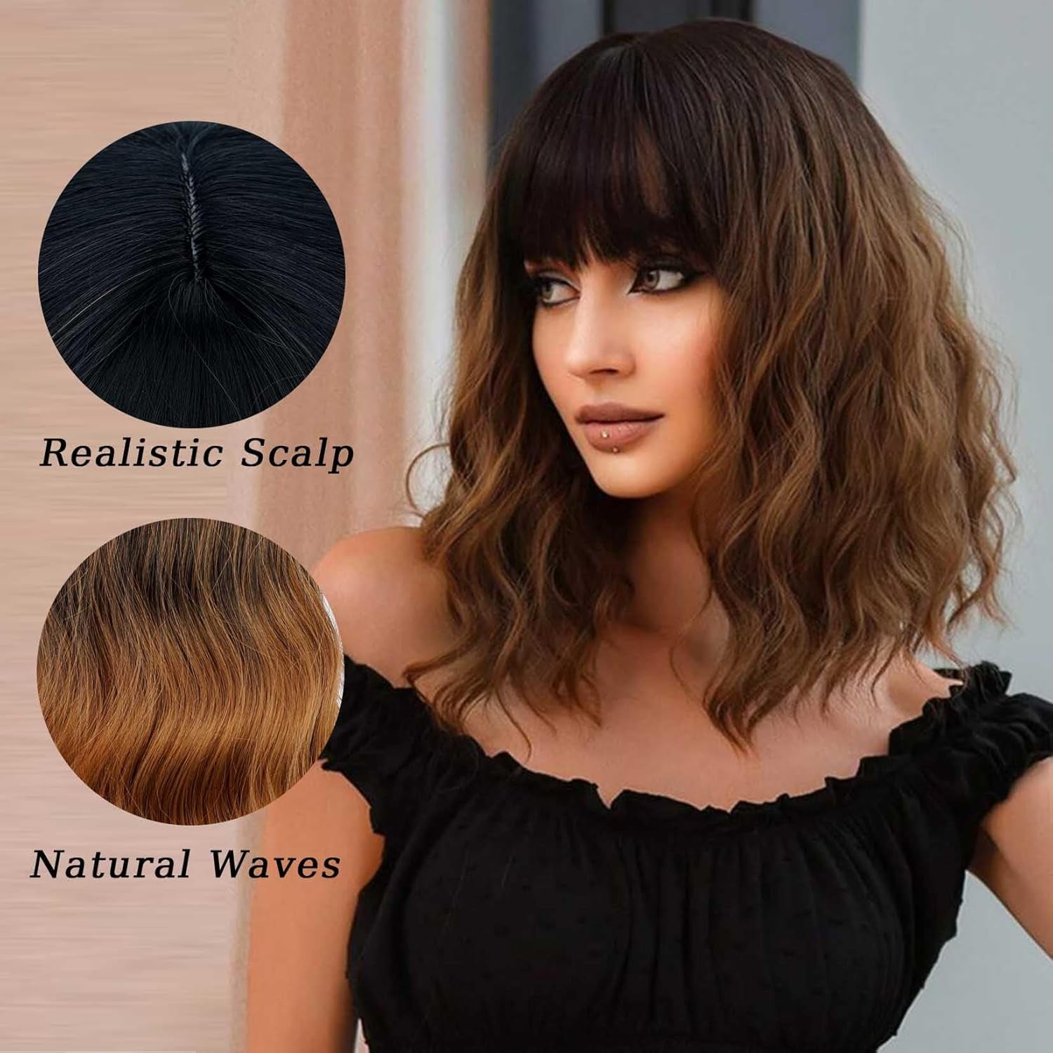 SUCS Black Wavy Wig with Bangs Soft Short Bob Wigs for Women Synthetic Shoulder Length Women's Curly Wigs
