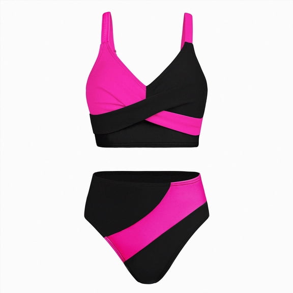 Ymyiu Cute Bathing Suits for Teens Toddler Girl Swimsuit Color Block Swimwear Girls Beach Bathing Suit Two Pieces Bikini Set Summer Size 13-14 Years (Hot Pink,13-14 Years)