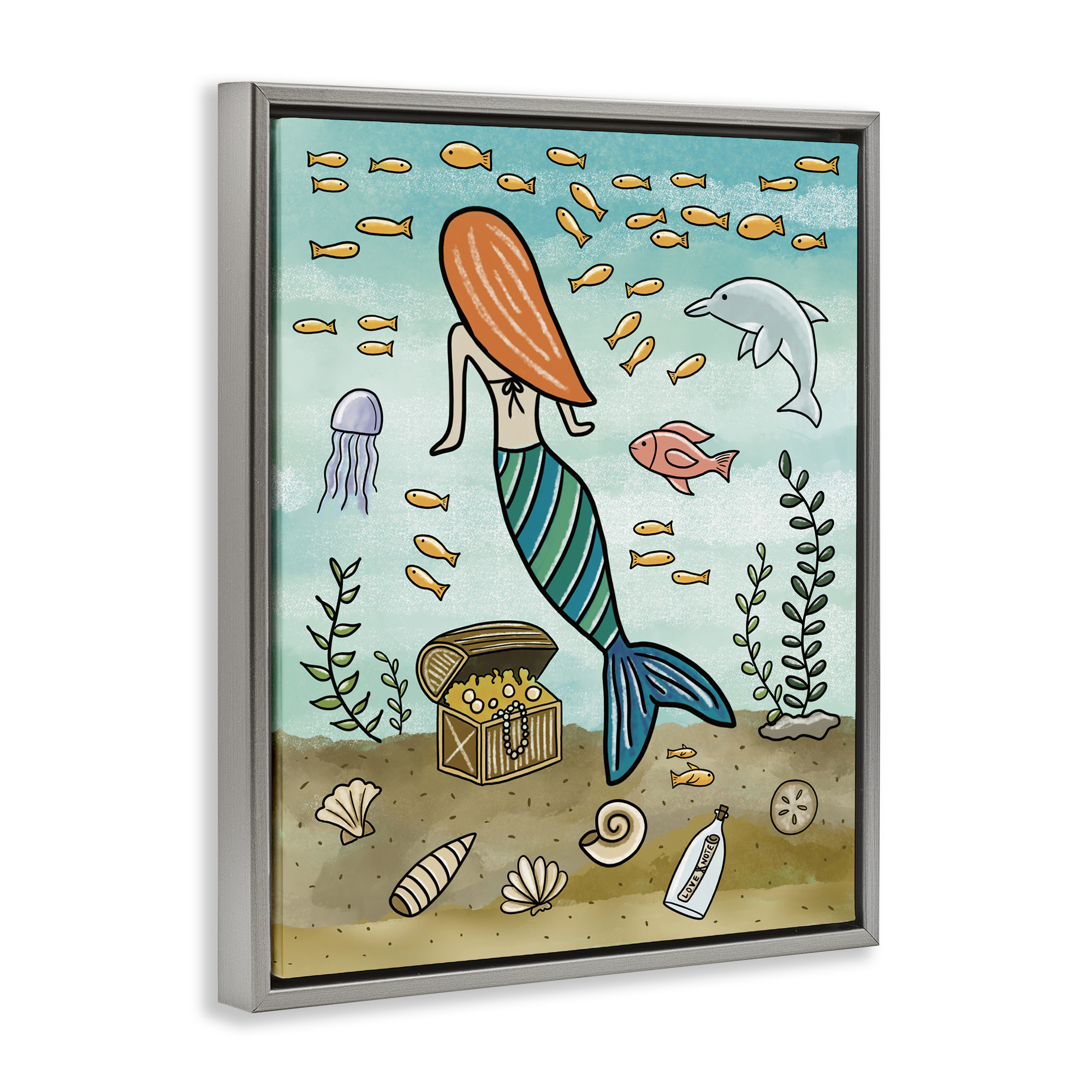 Mermaid Treasure Love Note Gray Framed Floater Canvas Wall Art, design by Jennifer Stith