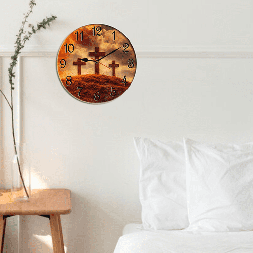 Kurmntregon Jesus God Cross Wall Clock Bible Holy Religious Mountain Wooden For Bathroom Silent Non Ticking Decorative Clock Battery Operated Home Office Living Room Decor Round 10"