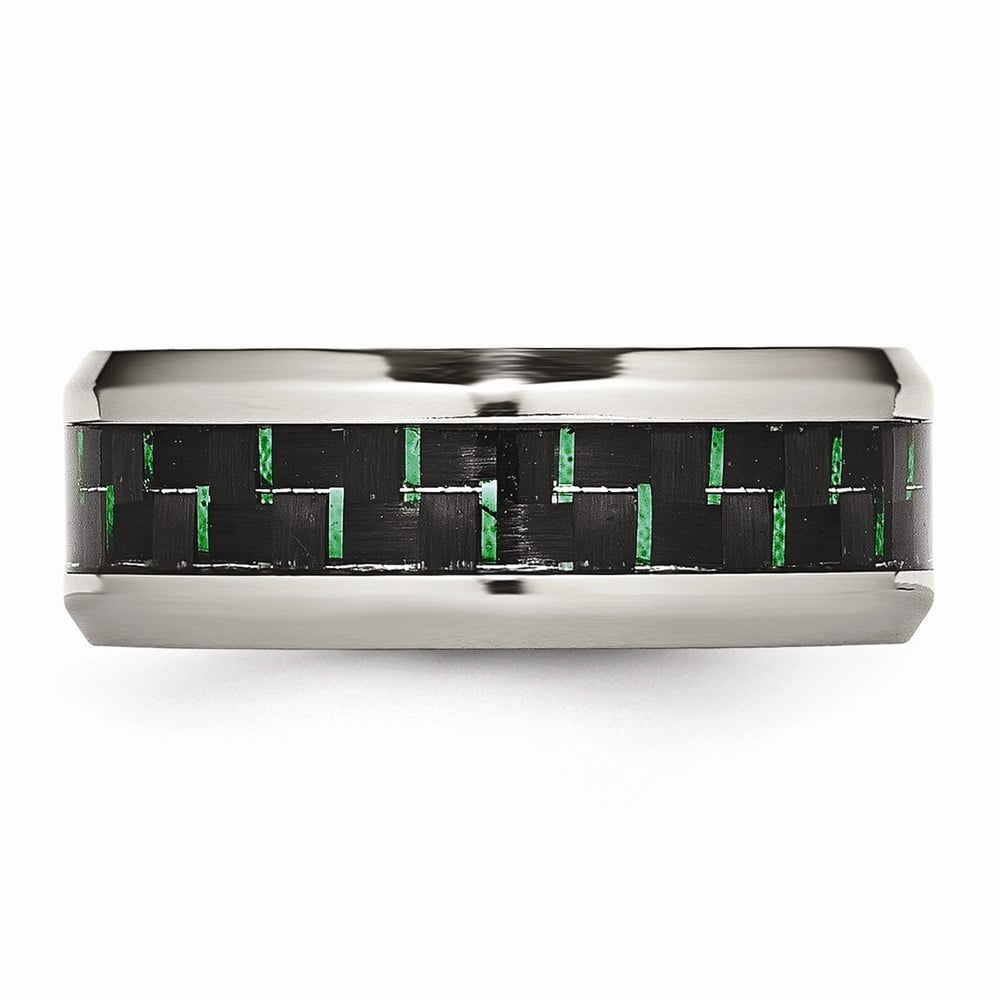 8mm Stainless Steel Polished Black Green Carbon Fiber Inlay Ring - Size 9