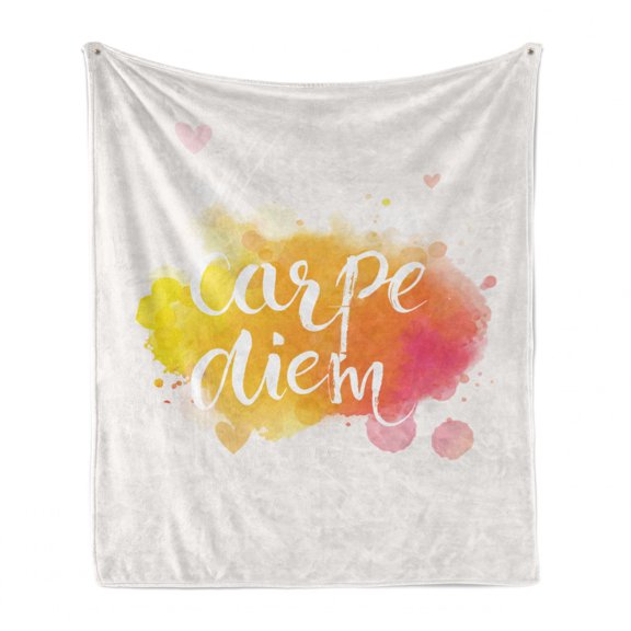 Yellow and White Soft Flannel Fleece Blanket, Watercolor Style with Carpe Diem Seize the Day Enjoy the Moment, Cozy Plush for Indoor and Outdoor Use, 70" x 90", Yellow Marigold Pink, by Ambesonne