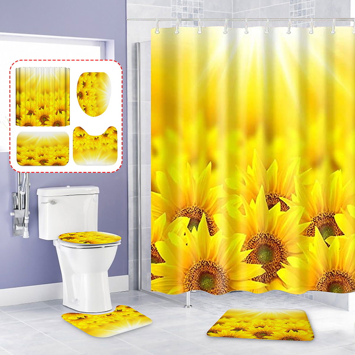 Shower Curtain Bathroom Mat Sunflower Pedestal Rug Toilet Cover Waterproof 71" 