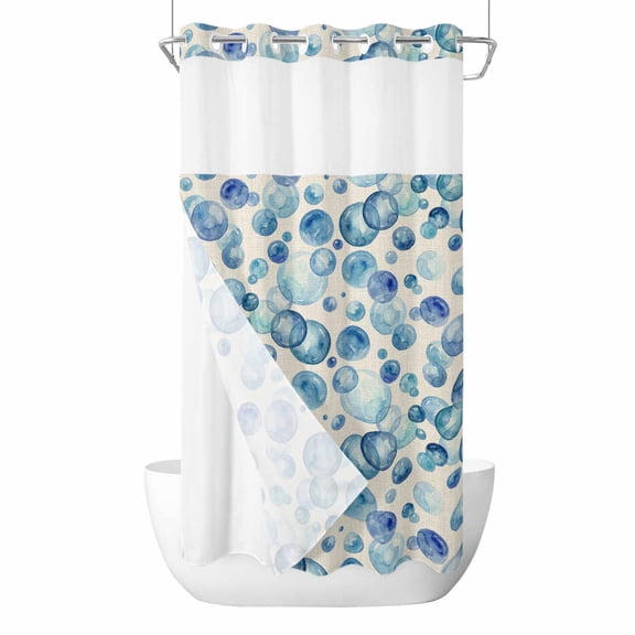 Blue Bubble No Hook Shower Curtain with Snap in Liner, Waterproof Fabric Shower Curtains, Watercolor Ocean Bubble Summer Beige Shower Curtain Set Top See Through for Bathroom 36"x78"